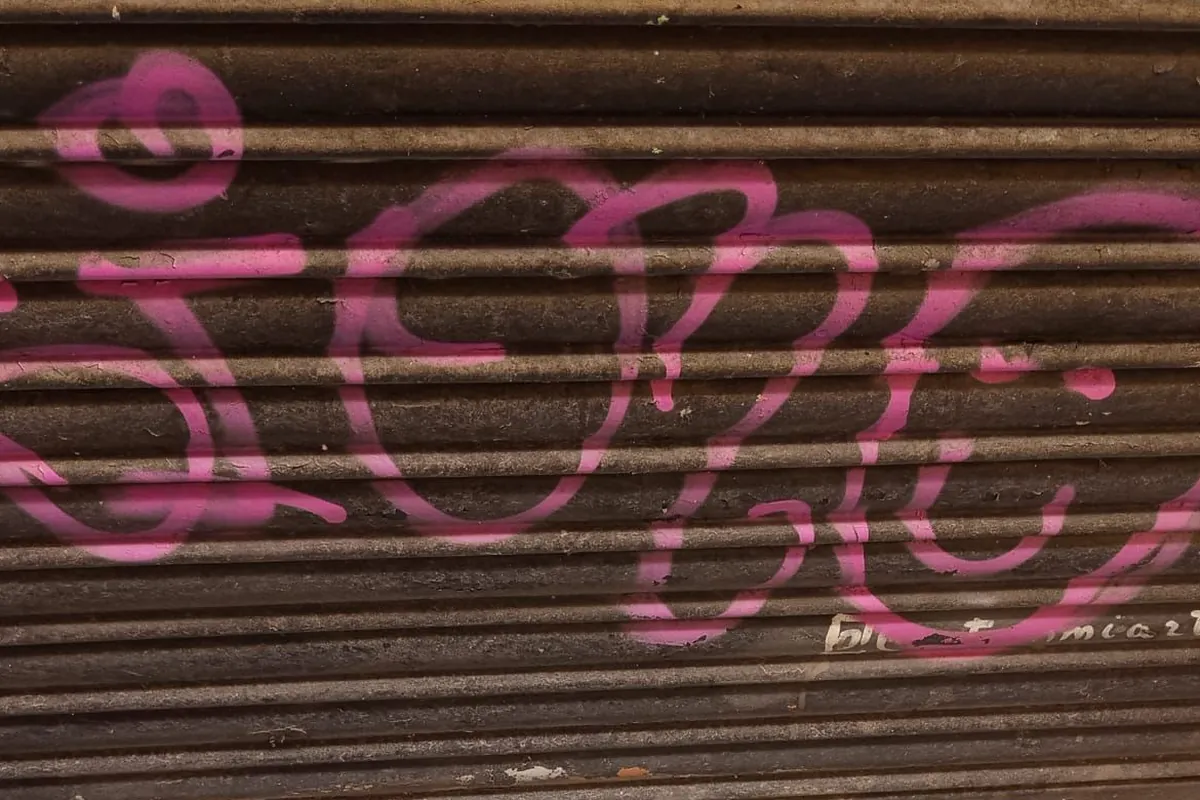 Cierre metalico antiguo con grafiti en la fachada